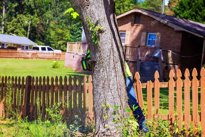 Tala controlada de pino junto a una vivienda